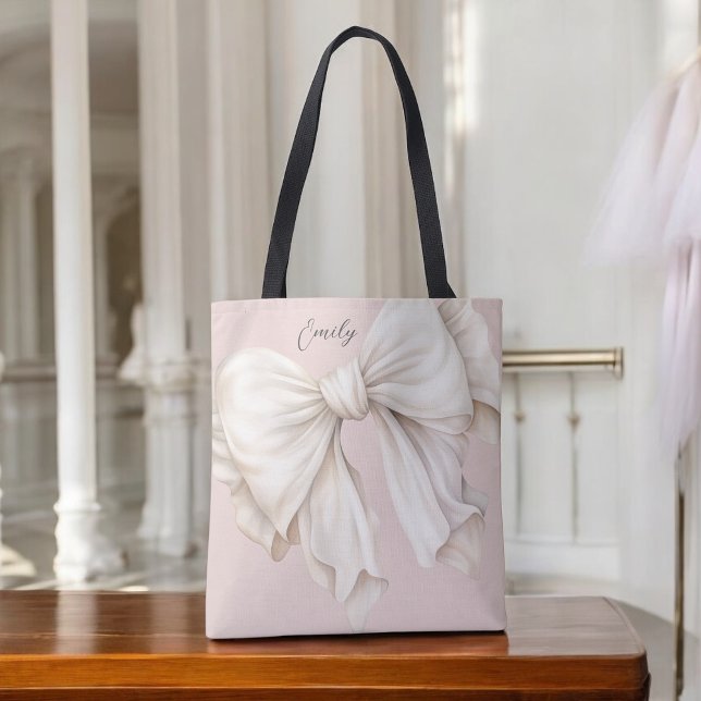 Cute Girly Ivory White Bow på Rosa Tygkasse (Personalize this feminine tote with your name.)