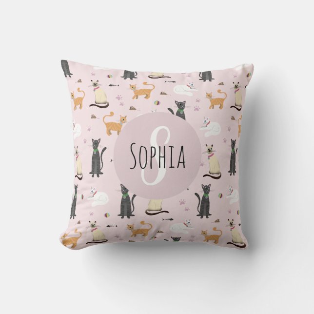 Cute Girly Kattunge Mönster Monogram Namn Kids Kudde (Framsida)