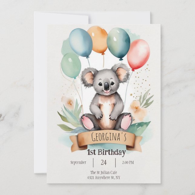 Cute Girly Koala Birthday Inbjudningar (Framsida)