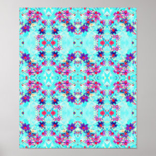Cute Girly Lila Flower Mönster på Aqua Blue Poster