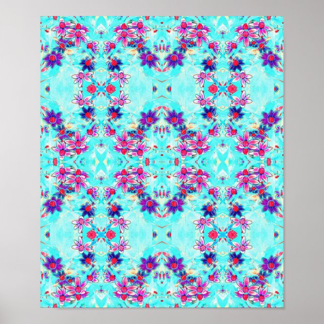 Cute Girly Lila Flower Mönster på Aqua Blue Poster (Framsidan)