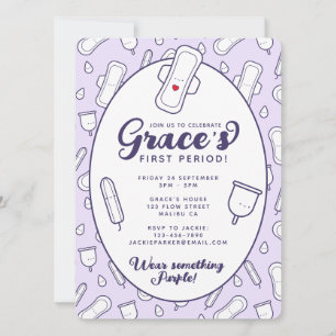 Cute Girly Lila Menstrual Pad Första perioden Part Inbjudningar
