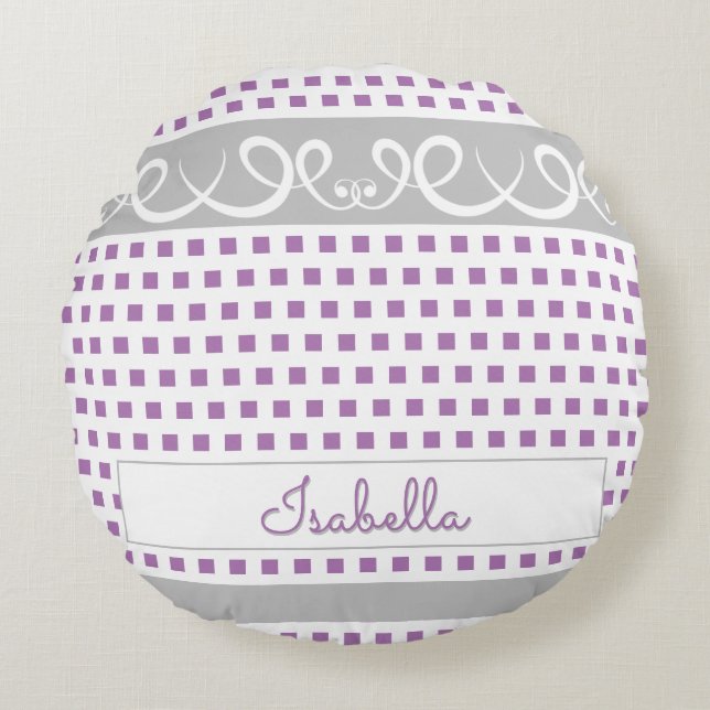 Cute Girly Lila Polka dots & Swirls Script Namn Rund Kudde (Framsidan)