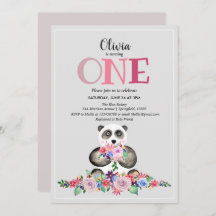 Cute Girly Modern Flower Panda & Namn 1:a födelsed