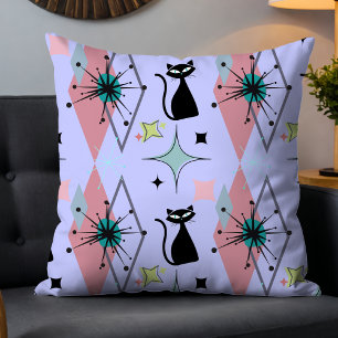 Cute Girly Modern Mid Century Stars & Cat Blue Kudde