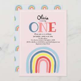 Cute Girly Modern Rainbow och Namn 1:a födelsedage Inbjudningar