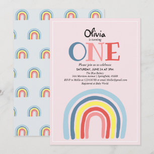 Cute Girly Modern Rainbow och Namn 1:a födelsedage Inbjudningar