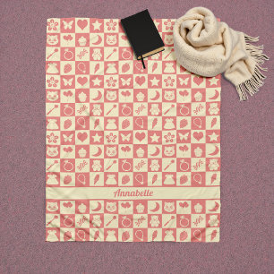 Cute Girly Modern Rosa Checkated Icons Mönster Fleecefilt