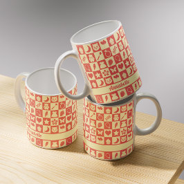 Cute Girly Modern Rosa Checkated Icons Mönster Kaffemugg