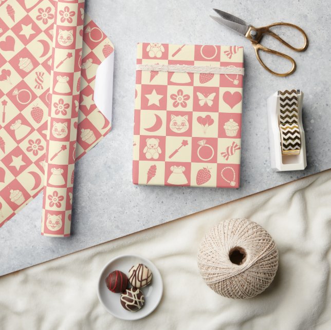 Cute Girly Modern Rosa Checkated Icons Mönster Presentpapper (Hantverk)