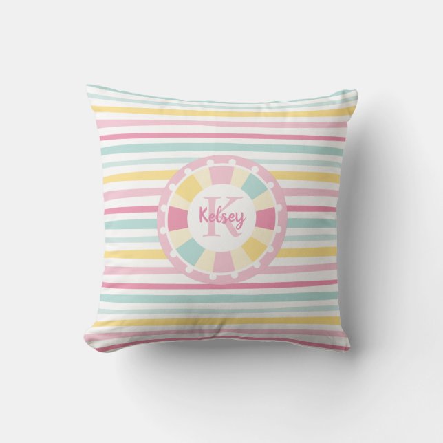 Cute Girly Monogram Colorful Stripe Kudde (Framsida)