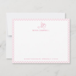 Cute Girly Monogram Namn Baby Rosa Gingham Checks Anteckningskort