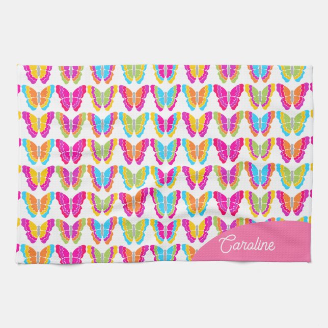 Cute Girly Multifärgad Rainbow Butterflies Namn Kökshandduk (Horisontell)