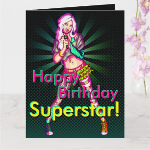 Cute Girly Neon Tonåring Superstar Birthday Kort