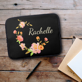 Cute Girly och Modern Black Blommigt Monogram Namn Laptop Fodral