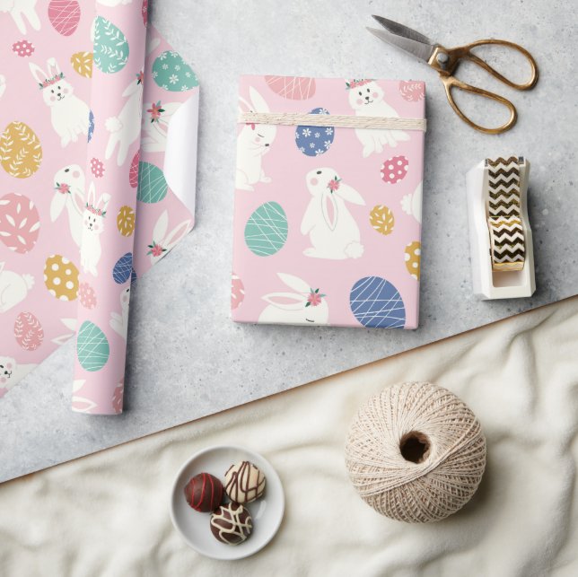 Cute Girly Påskhare Modern Rosa Blommigt Eggs Presentpapper (Hantverk)