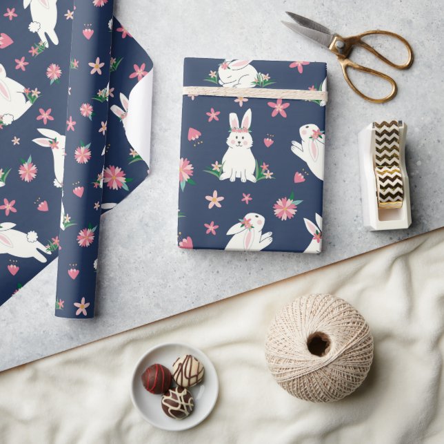 Cute Girly Påskhare Rabbit Modern Blue Rosa Presentpapper (Hantverk)