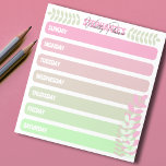 Cute Girly Pastel Rosa and Grönt Weekly Planner Anteckningsblock<br><div class="desc">Här är ett anteckningsblock för personlig som hjälper dig att komma ihåg dina viktigaste uppgifter varje vecka. Varje veckodag representeras av olika tomma ytor för pastellrosa och grönt,  dekorerade med minimalistiskt bladfärdigt grenar av samma färg,  och ditt namn visas högst upp. Texten är helt och hållet anpassade.</div>