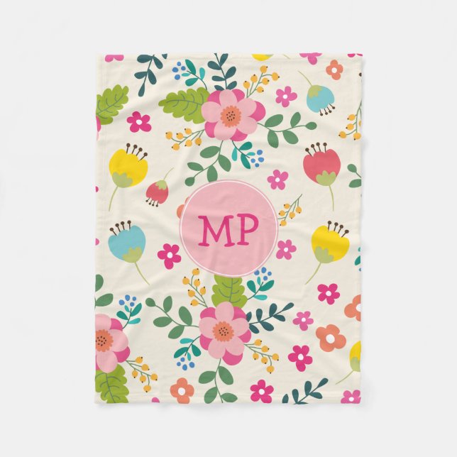 Cute Girly Pastel Vår Flower Mönster + Monogram Fleecefilt (Framsidan)