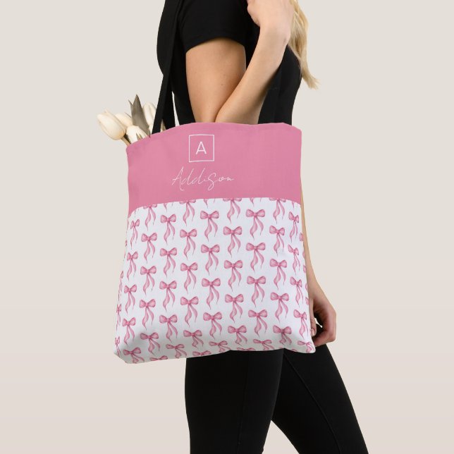 Cute Girly Personlig Monogram Rosa Bow Tygkasse (Närbild)