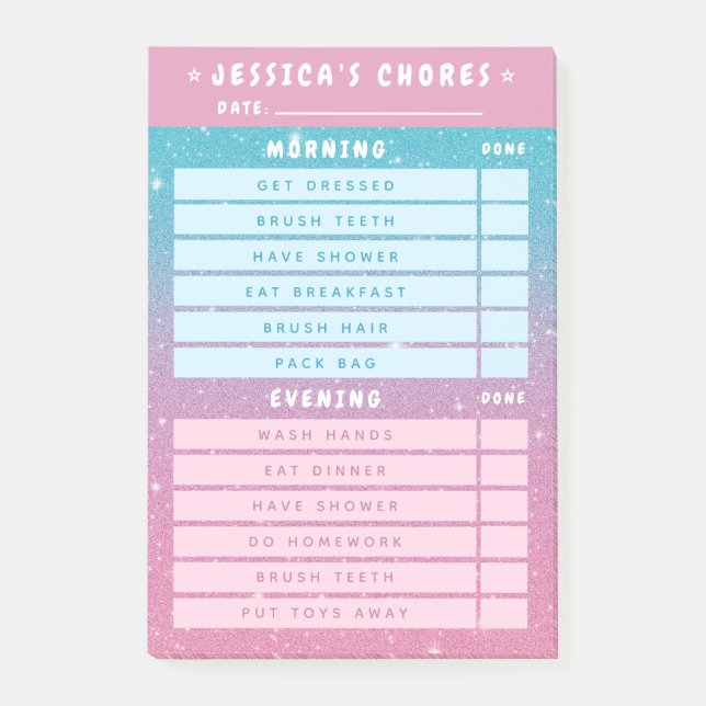 Cute Girly Pink Blue Glitter Kids Daily Chores 4x6 Post-it Block (Framsida)