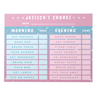 Cute Girly Pink Blue Glitter Kids Daily Chores Anteckningsblock