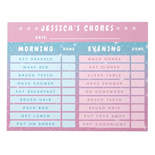 Cute Girly Pink Blue Glitter Kids Daily Chores Anteckningsblock (Framsida)
