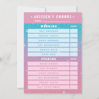 Cute Girly Pink Blue Glitter Kids Daily Chores Inbjudningar