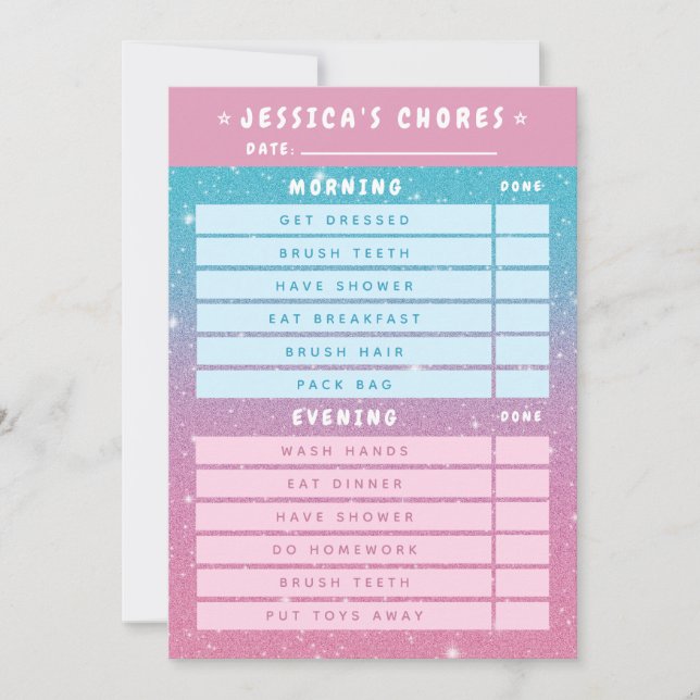 Cute Girly Pink Blue Glitter Kids Daily Chores  Inbjudningar (Framsida)