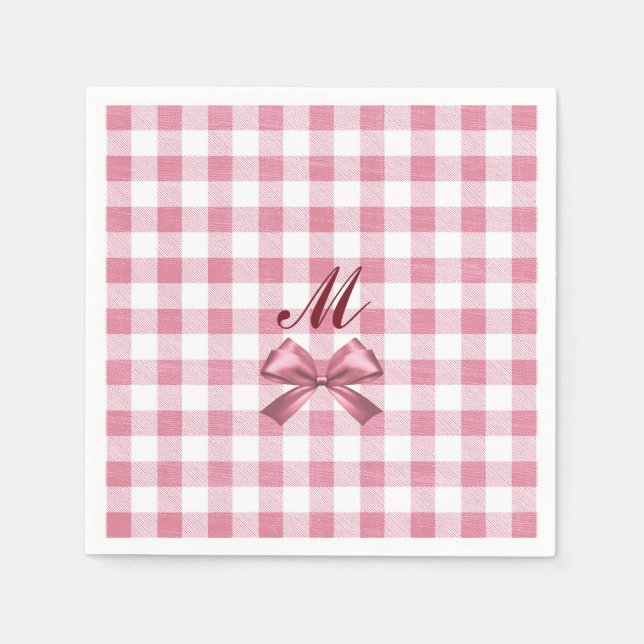 Cute Girly Preppy Rosa Gingham Play Bow Monogram Pappersservett (Framsidan)