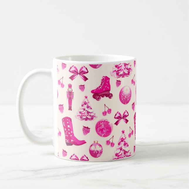 Cute Girly Preppy Rosa jul Mönster Kaffemugg (Vänster)