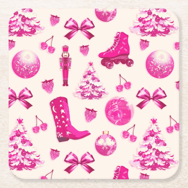 Cute Girly Preppy Rosa jul Mönster Underlägg Papper Kvadrat (Framsidan)
