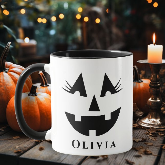 Cute Girly Pumpkin Ansikte Anpassningsbar Hallowee Mugg (Cute Girly Pumpkin Face Custom Halloween Mug - Just add your name!)