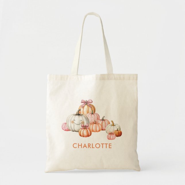 Cute Girly Pumpkins Bows Halloween Tote Bag Tygkasse (Framsidan)
