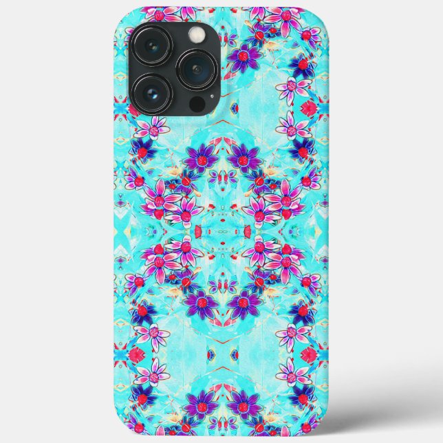Cute Girly Purple Flower Pattern on Aqua Blue (Baksida)