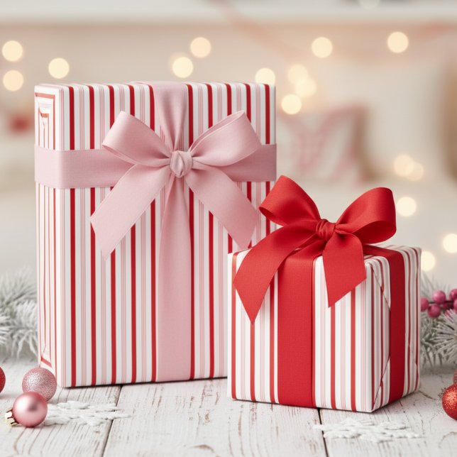 Cute Girly Red and Pink Candy Cane Pinstripe Presentpapper (Cute Red and Pink Candy Cane Stripes Girly Christmas Wrapping Paper for Her. Modern Xmas Pinstripes)