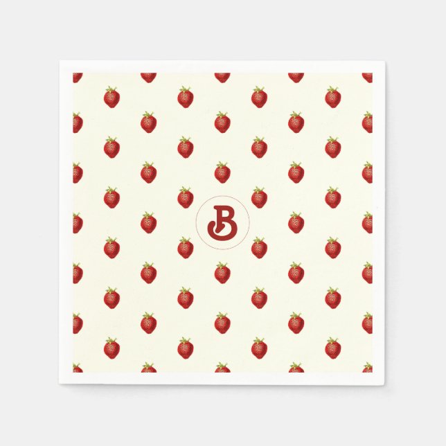 Cute Girly Red White Strawberry Namn Monogram Pappersservett (Framsidan)