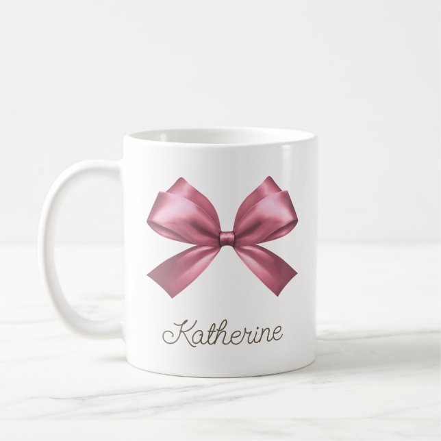 Cute Girly Rosa Aesthetic Bow Namn Kaffemugg (Vänster)
