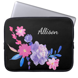 Cute Girly Rosa Black Blommigt Monogram Flowers La Laptop Fodral