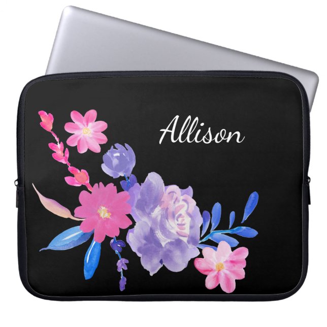 Cute Girly Rosa Black Blommigt Monogram Flowers La Laptop Fodral (Framsidan)