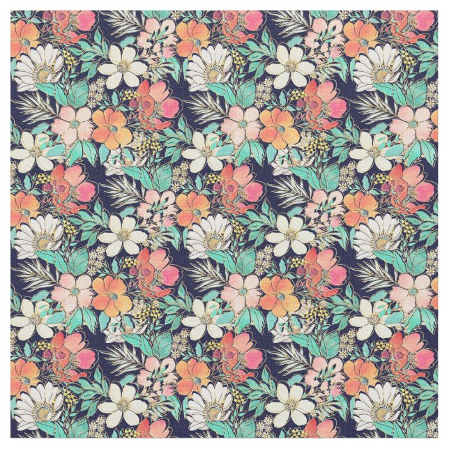 Cute Girly Rosa Blommigt Golden Strokes design Tyg (Närbild)