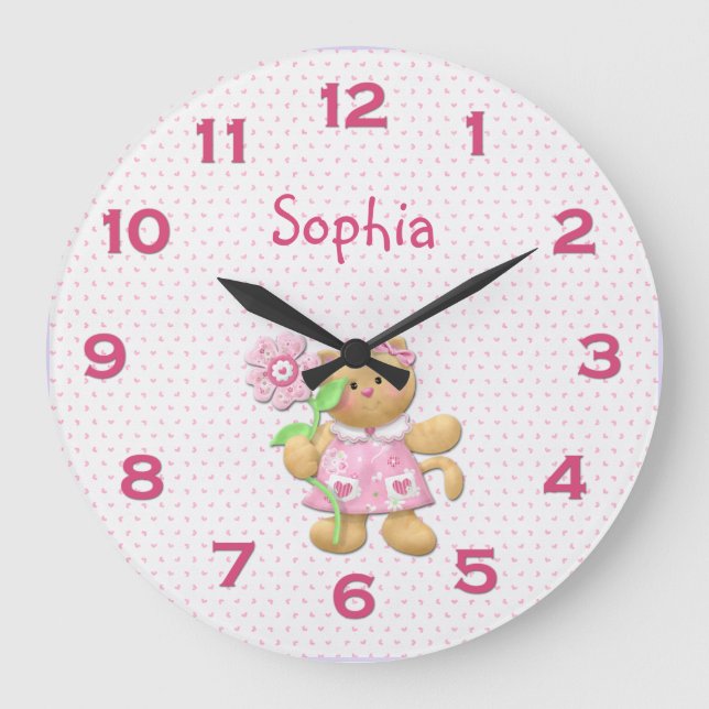 Cute Girly Rosa Blommigt Kitten Wall Clock Stor Klocka (Framsida)