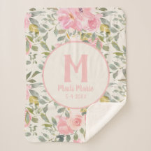 Cute Girly Rosa Blommigt Sage Grönt Löv Monogram