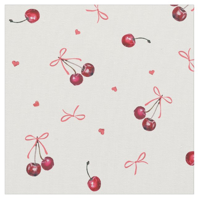 Cute Girly Rosa Bows Cherries Hearts Tyg (Närbild)