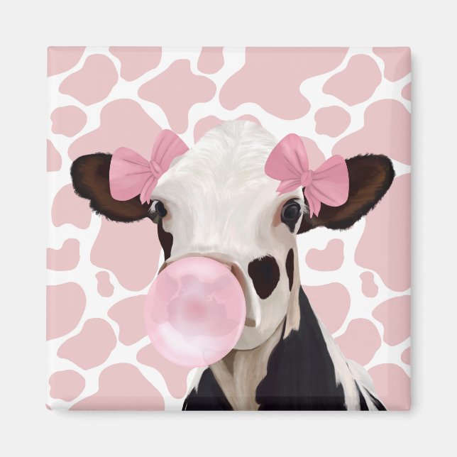 Cute Girly Rosa Bubblegum Blowing Cow Magnet (Framsidan)
