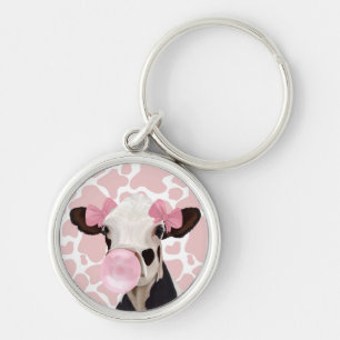 Cute Girly Rosa Bubblegum Blowing Cow Rund Silverfärgad Nyckelring