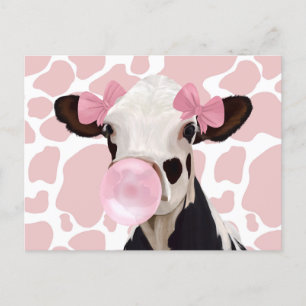 Cute Girly Rosa Bubblegum Blowing Cow Vykort