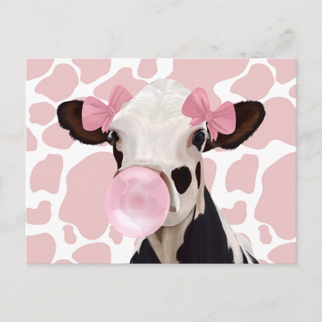 Cute Girly Rosa Bubblegum Blowing Cow Vykort (Framsida)