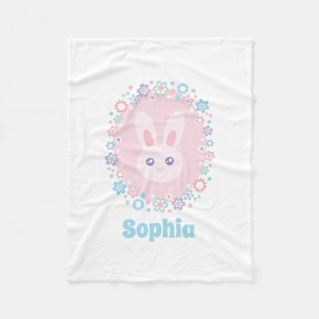 Cute Girly Rosa Bunny Rabbit Blommigt Monogram Fleecefilt (Framsidan)