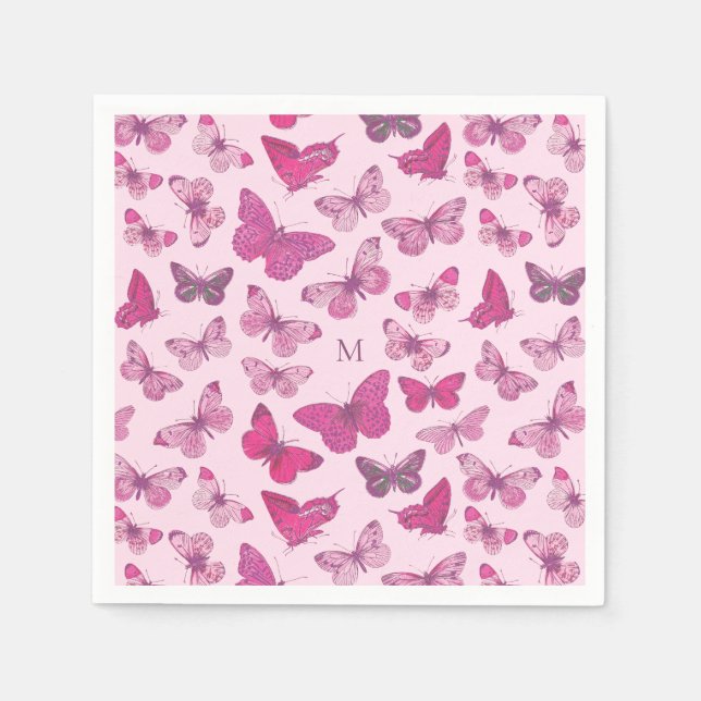Cute Girly Rosa Butterfly Mönster Monogram Pappersservett (Framsidan)